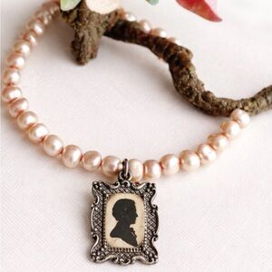 Victorian Cameo Silhouette Pale Pink Pearl Bracelet Antique-Inspired Frame Charm